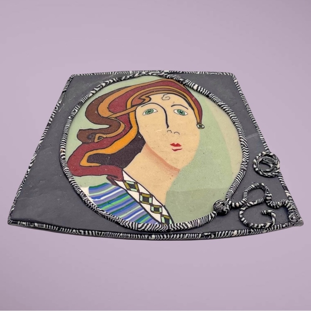 Vintage Modernist Face Brooch Hand-Painted Ceramic Art Deco Style Statement Pin